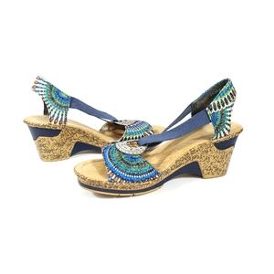 Rieker Women's Wedge Sandal Blue Embroidered Multicolor Elastic Shoes Size 40-9
